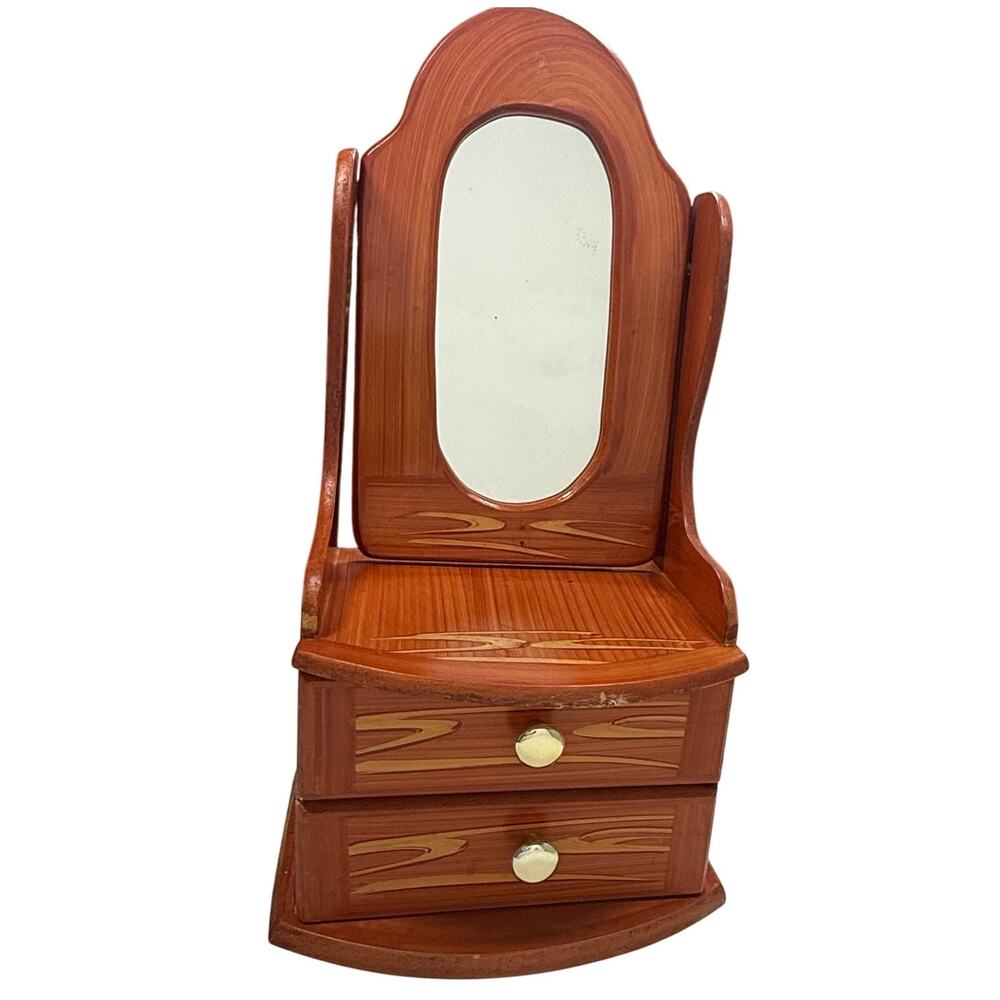 Vintage 70s Jewelry Box with Vanity Mirror Wood Stenciled Storage Drawers